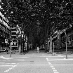 Rear view of man on road against trees in city