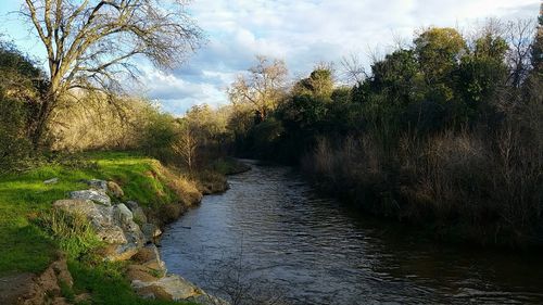 Scenic view of river against cloudy sky