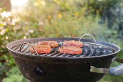 Close-up of meat on barbecue grill in yard