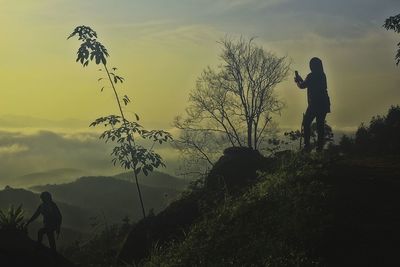 Silhouette man standing by tree against sky during sunset