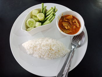 High angle view of food in plate on table