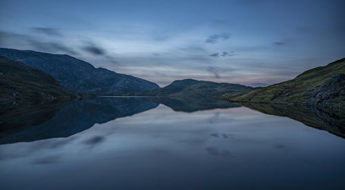 Scenic view of lake and mountains against sky