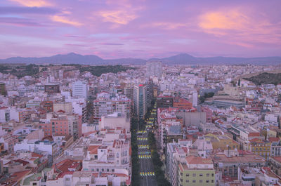 High angle view of townscape against sky during sunset