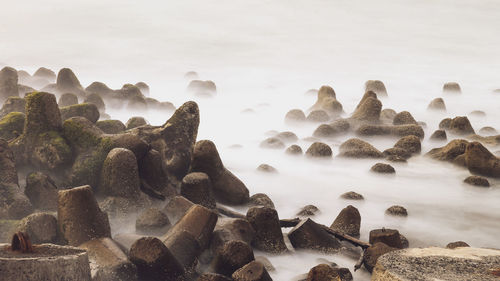 Rocks on beach against sky