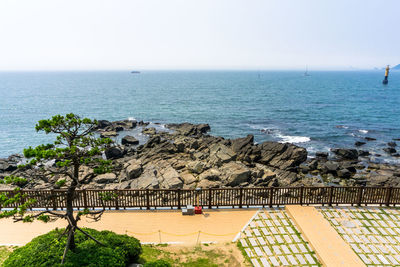 High angle view of sea against clear sky