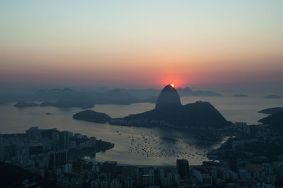 View of city at waterfront during sunset