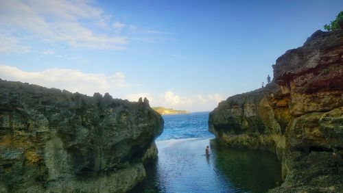 Scenic view of sea and rock formations against sky