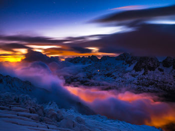 Scenic view of mountains against sky at sunset