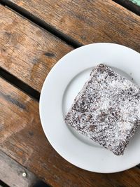 High angle view of cake in plate on table