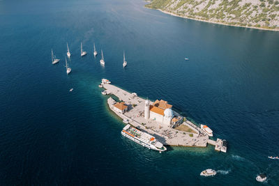 High angle view of boats in sea