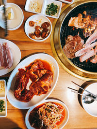 High angle view of meal served on table
