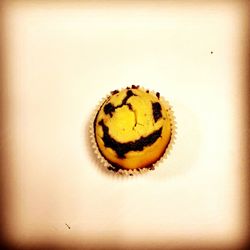 High angle view of face on table