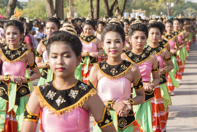 High angle portrait of people standing outdoors