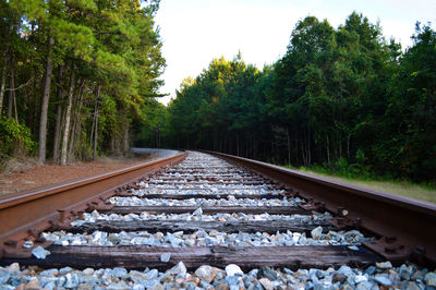 Railroad track on field against clear sky