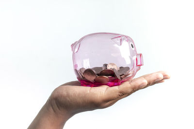 Cropped image of hand holding piggy bank against white background