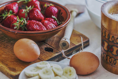 High angle view of fruits in bowl on table