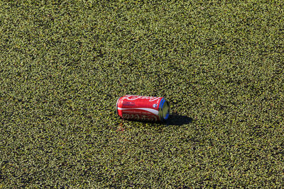 High angle view of toy car on field