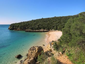Scenic view of sea against clear sky