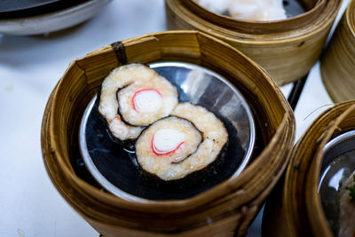 High angle view of dessert in container on table