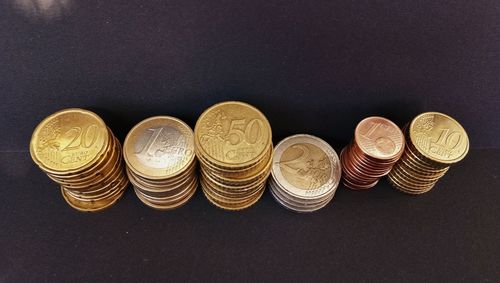 High angle view of coins