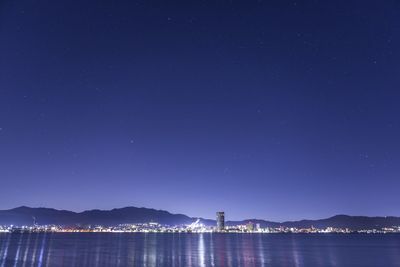 Scenic view of lake biwa against sky at dusk