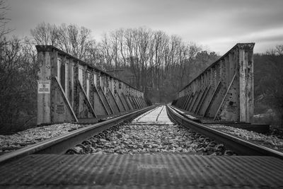 Surface level of railroad tracks against sky