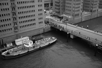 High angle view of ship in city