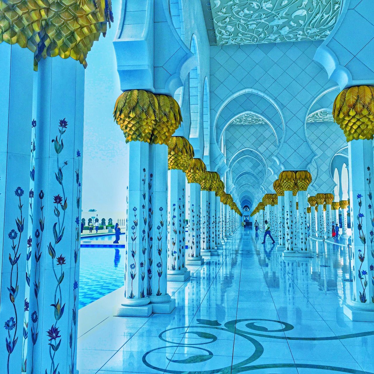 blue, sky, built structure, pattern, no people, architecture, place of worship, day, close-up, water, outdoors