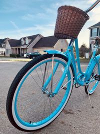 Beautiful blue bike out for spring use.