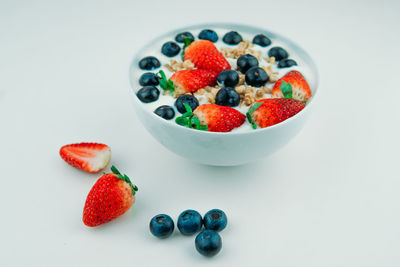 Close-up of fruits in bowl against white background