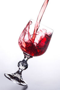Close-up of red wine glass against white background