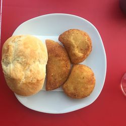 High angle view of breakfast in plate on table