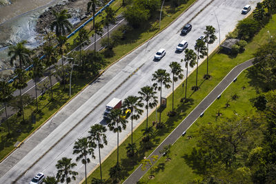 High angle view of road amidst buildings in city