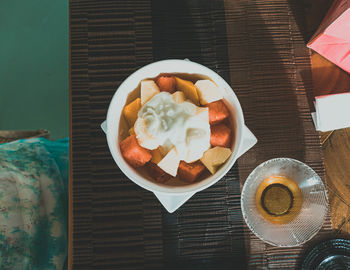 High angle view of breakfast served on table