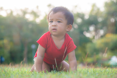 Portrait of cute boy in field