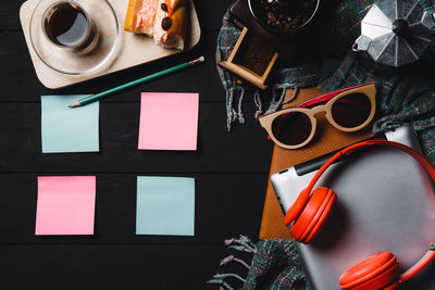 High angle view of coffee cup on table