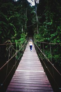 Rear view of woman walking on rope bridge over river
