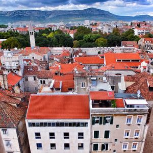 High angle view of houses in town