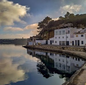 Reflection of buildings in lake against sky