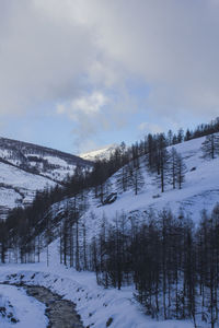 Scenic view of snow covered mountains against sky