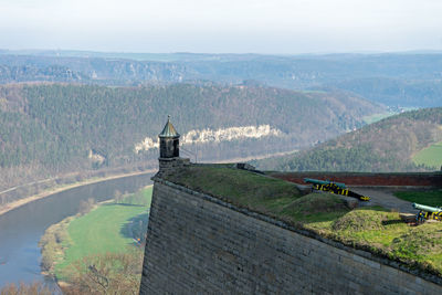 High angle view of buildings against sky