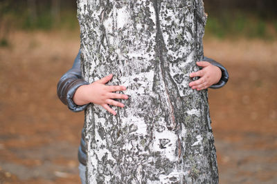 Nature-lover girl hugging huge tree trunk , girl hiding behind the tree. human  nature contact