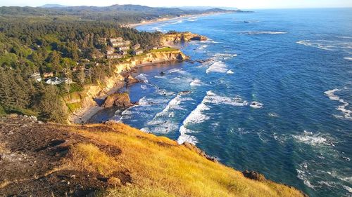 High angle view of sea and mountains