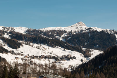 Scenic view of snowcapped mountains against clear sky