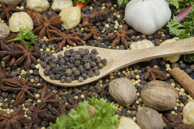 High angle view of spices in wooden spoon