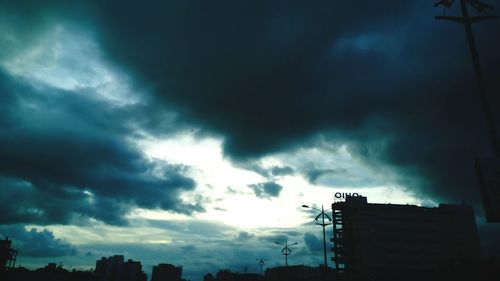 Low angle view of storm clouds over city