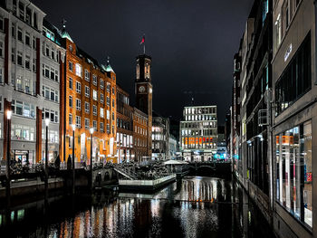 Canal passing through city buildings at night