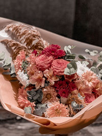 High angle view of rose bouquet on table