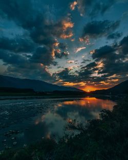 Scenic view of lake against sky during sunset