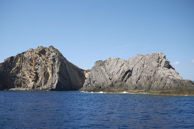 Rock formations in sea against clear blue sky